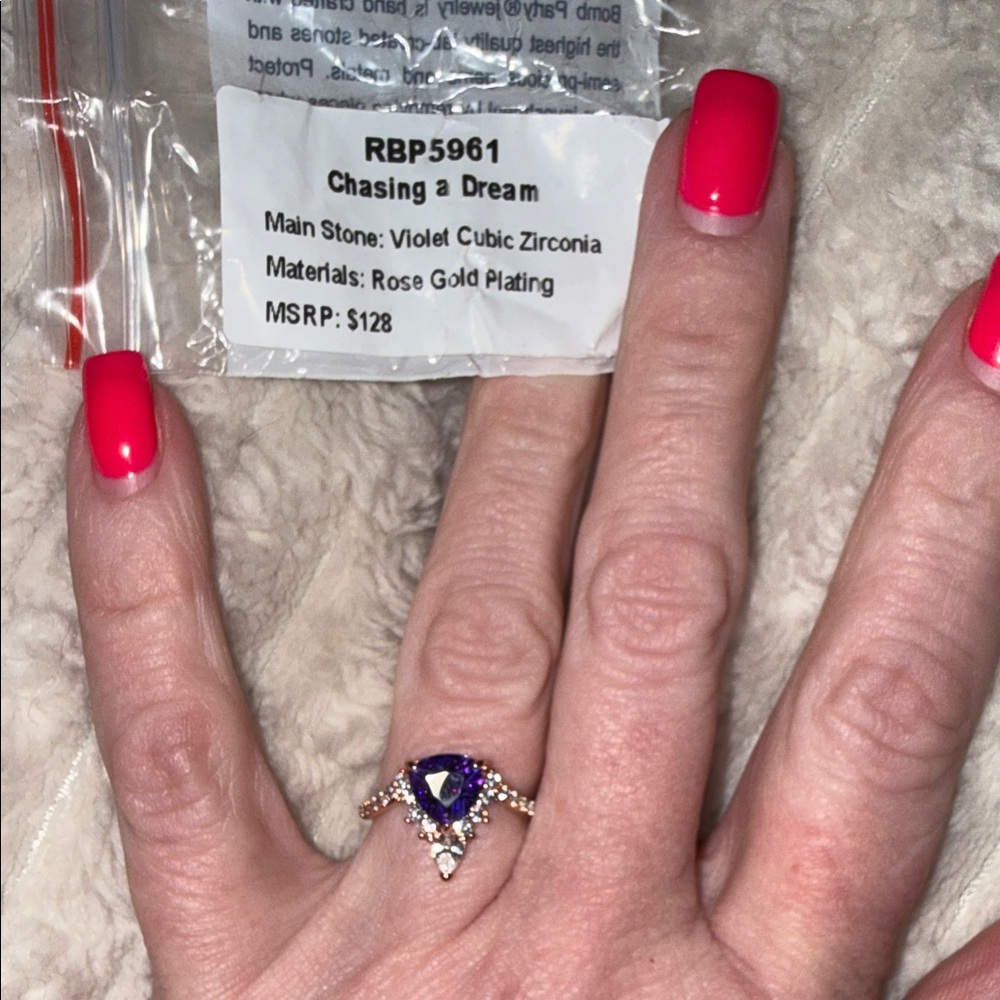 Rose Gold Plated Ring with Violet Heart-Cut Cubic Zirconia